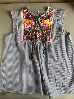Striped Sleeveless Embroidered Yoke Blouse in Blue